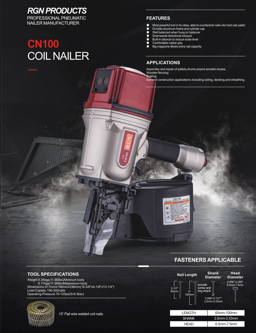 High Power Industry Coil Nailer Cn100 for 100mm Nail Gun