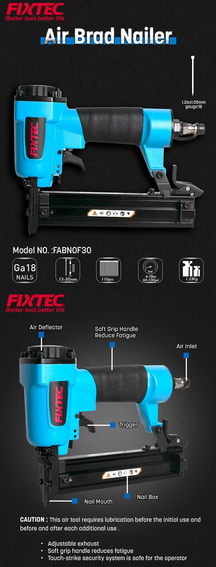 Fixtec Air Tools Ergonomic and Lightweight Concrete Gas Nail Gun Air Stapler Nail Gun